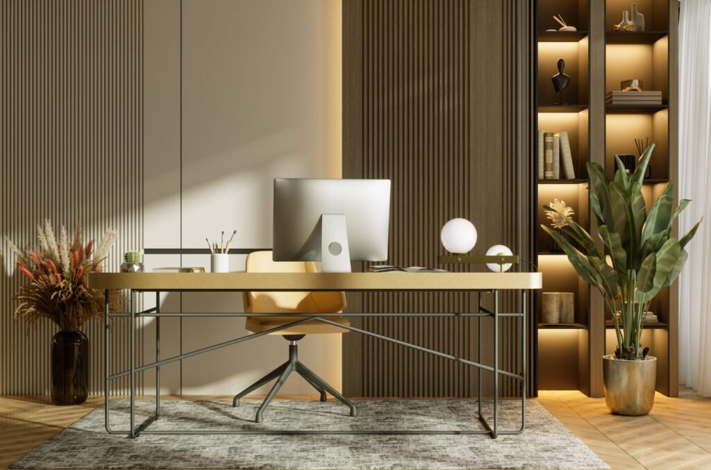 Luxury Modern Home Office Interior with Computer and Minimalist Desk