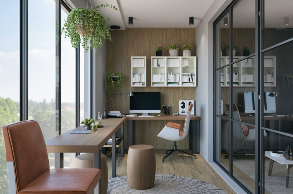 Picture of a modern home office. Render image.