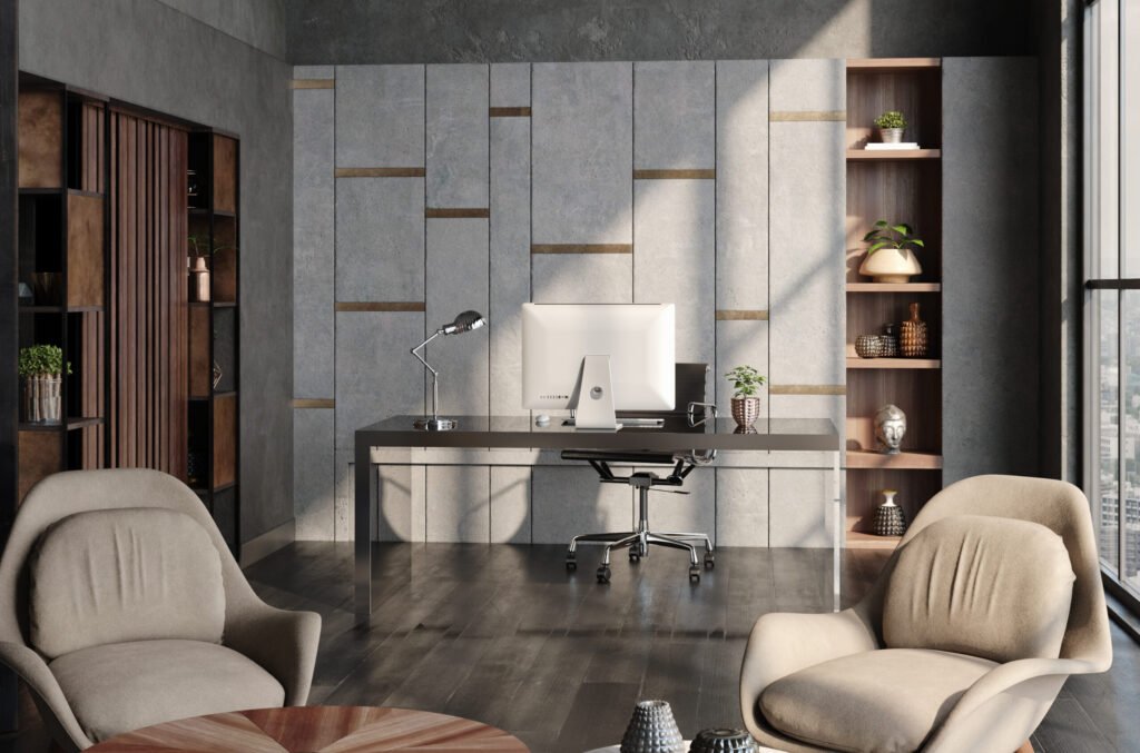 Modern home office interior in loft, industrial style, 3d render